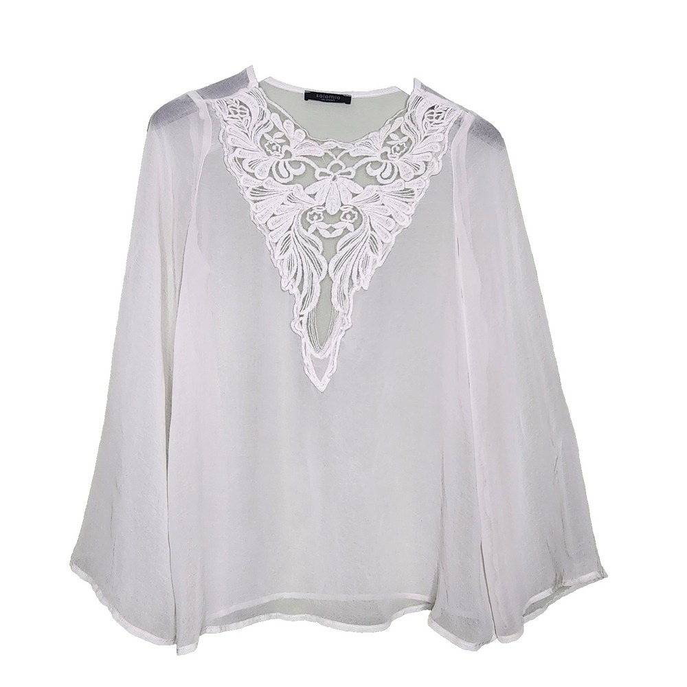 Solemio Sheer White Embroidered Lace‎ Top Bell Sleeve Fairy Romantic Feminine M